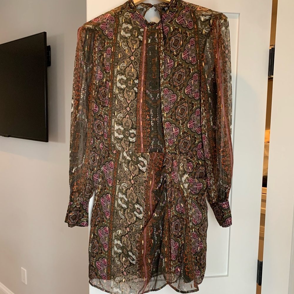 Zara Long-Sleeve Paisley Tie-Neck Dress in Brown and Pink